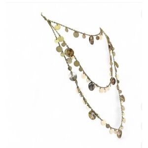Gold Tone Triple Strand Layered Necklace Mother of Pearl Shell Disc Charms Boho